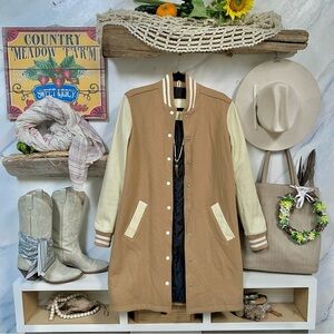 ROOTS long Sorority (award jacket ) w leather sleeves wool body w academia vibe